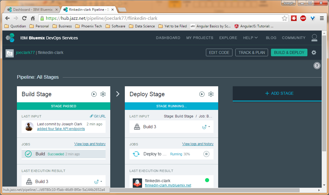 Bluemix has tested my update and is 30% of the way through deploying it.